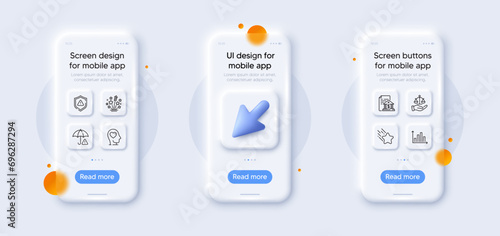 Justice scales, Mental health and Falling star line icons pack. 3d phone mockups with cursor. Glass smartphone screen. Fireworks stars, Bank document, Risk management web icon. Vector