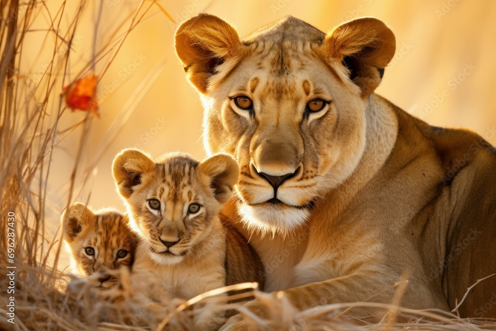 Fiery Lioness her cubs sunset. Baby cat. Generate Ai Fiery Lioness her cubs sunset. Baby cat. Generate Ai