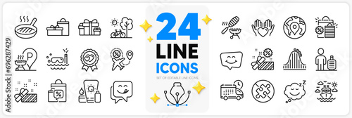 Icons set of Fish grill, Delivery and Grill place line icons pack for app with Sleep, Smile chat, Roller coaster thin outline icon. Baggage, Hold heart, Holiday presents pictogram. Vector