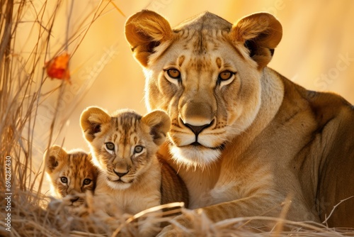 Fiery Lioness her cubs sunset. Baby cat. Generate Ai © juliars