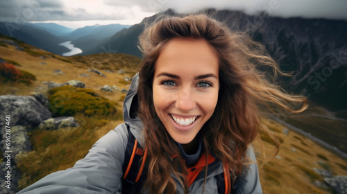 Young hiker beauty woman having fun taking selfie portrait on the top of mountain