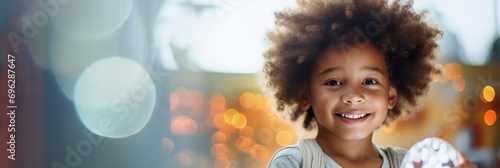 Joyful african american child with curly hair, glowing bokeh lights background, warm ambiance