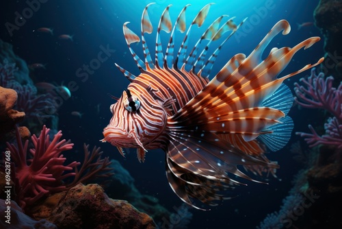 Striped Ocean lionfish. Marine coral tropical. Generate Ai © juliars