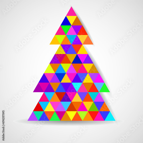 Abstract geometric Christmas tree with colorful triangles on white background, mosaic style. Vector illustration