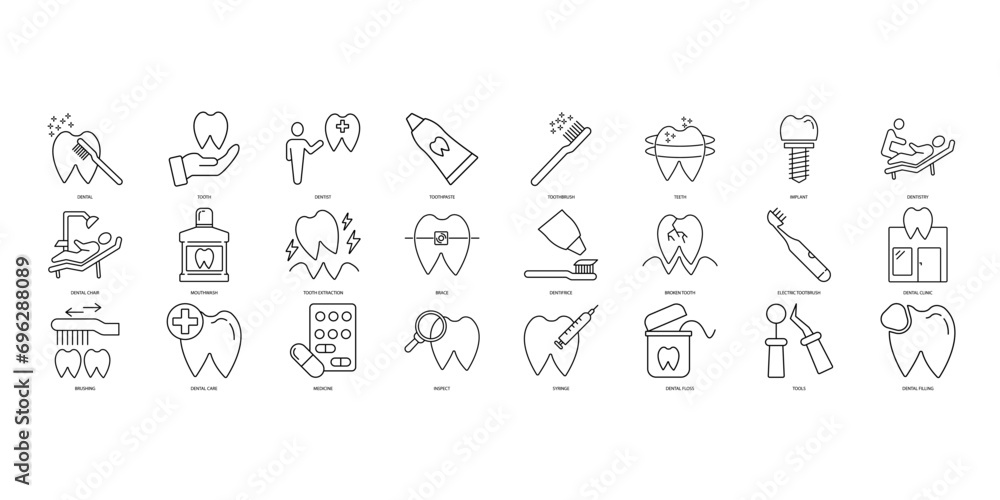 dental icons set. Set of editable stroke icons.Vector set of dental dental icons set. Set of editable stroke icons.Vector set of dental