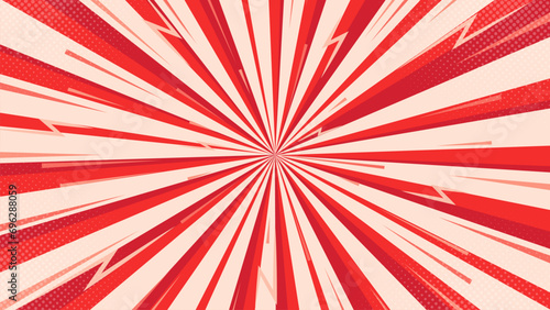 Red and white comics style background. Pop art retro vector background. Focus lines background. Comic style background with lightning and halftone effect.