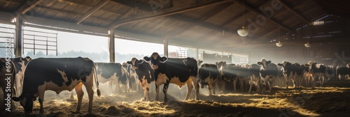  dairy herd in a spacious barn, highlighting the contours of the cows and the hay-laden floor photo