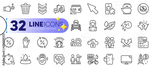 Outline set of Teamwork, Difficult stress and Charging time line icons for web with Discount, Cyber attack, Hand thin icon. Teapot, Intersection arrows, Graph chart pictogram icon. Vector