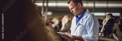 Veterinarian inspecting dairy cows in a modern barn, focused on animal health and welfare photo