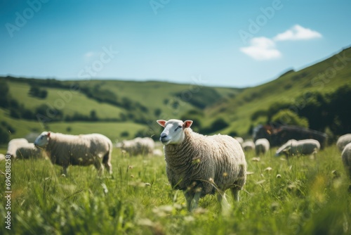 Grazing sheep on a lush hillside farm, with a shepherd keeping a watchful eye in the distance