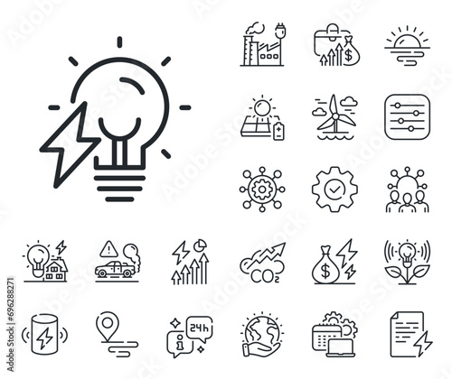 Energy type for lamp sign. Energy, Co2 exhaust and solar panel outline icons. Electricity bulb line icon. Lightning bolt symbol. Electricity bulb line sign. Eco electric or wind power icon. Vector