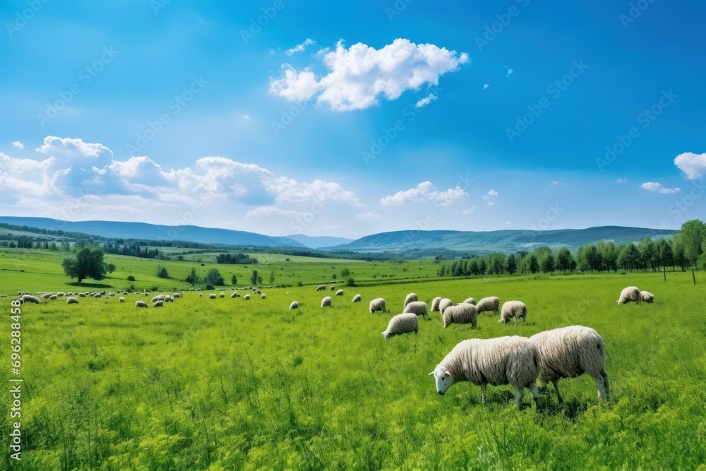 Flock of sheep in vibrant green field under clear blue sky with clouds, picturesque landscape Flock of sheep in vibrant green field under clear blue sky with clouds, picturesque landscape