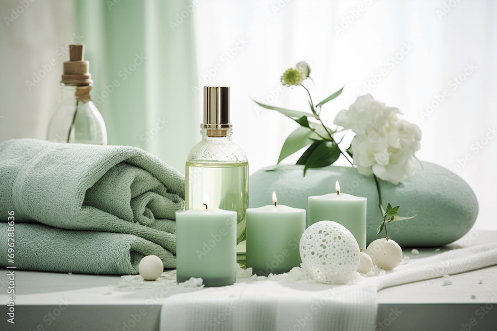 Spa products and bath bombs with eucalyptus and green plants Spa products and bath bombs with eucalyptus and green plants