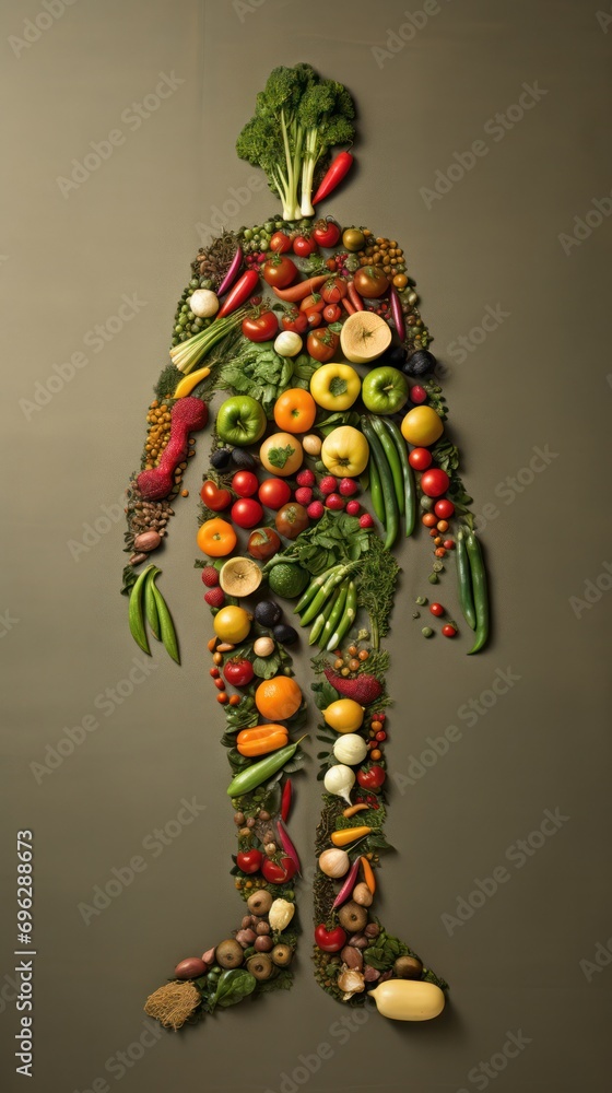 creative human silhouette made of assorted vegetables and fruits, importance of a balanced diet