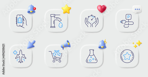 Cross sell, Medical flight and Chemistry lab line icons. Buttons with 3d bell, chat speech, cursor. Pack of Baggage app, Loyalty star, Timer icon. Tap water, Charging parking pictogram. Vector