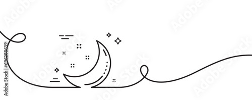 Moon and stars line icon. Continuous one line with curl. Night sign. Sleep symbol. Moon stars single outline ribbon. Loop curve pattern. Vector