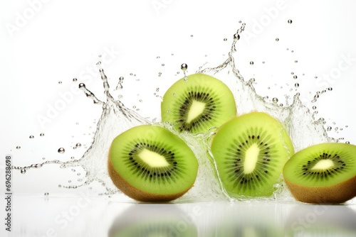  Sliced kiwi with dynamic water splash against a white background  vivid green tones