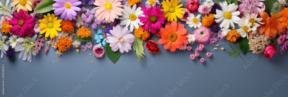 Assorted colorful spring flowers creating a vibrant border on a blue background - obrazy, fototapety, plakaty 