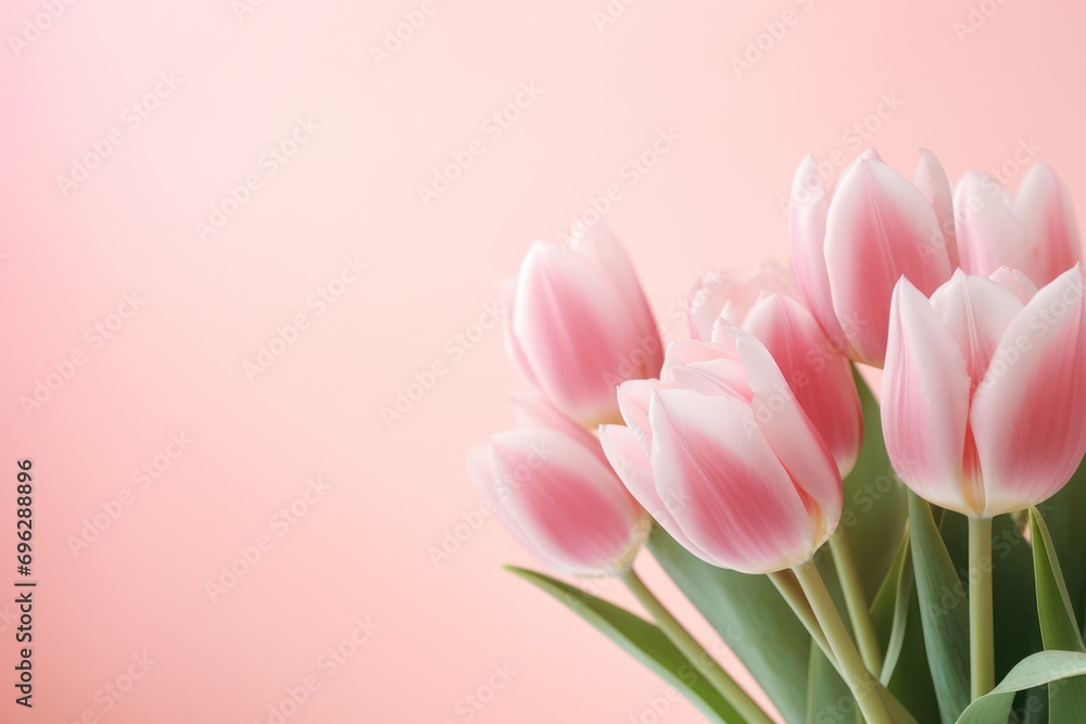 Vibrant tulips on a soft pink background with ample space for spring-themed messages Vibrant tulips on a soft pink background with ample space for spring-themed messages
