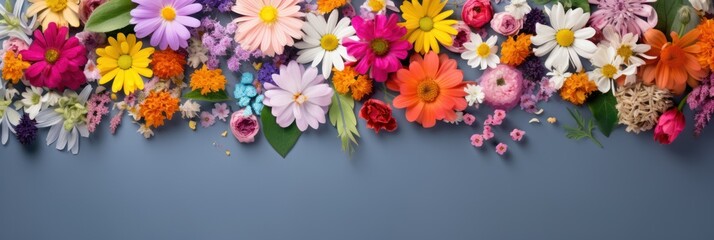Assorted colorful spring flowers creating a vibrant border on a blue background