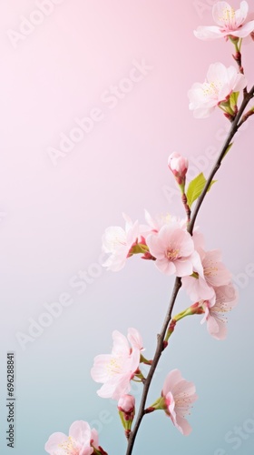 Elegant cherry blossom branch against a soft pink to blue gradient background