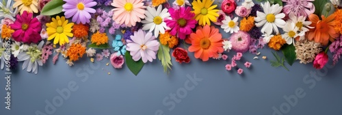 Assorted colorful spring flowers creating a vibrant border on a blue background