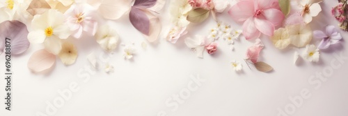 Ethereal flowers and leaves cascade across a cream background  offering copious copy space