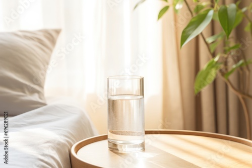 Sunlit glass of water on a wooden bedside table, sense of morning freshness and healthy habits photo