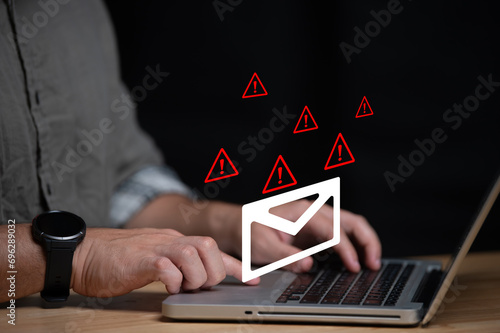 Alert Email inbox and spam virus with warning caution for notification on internet letter security protect, junk and trash mail and compromised information