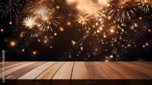 Top Wooden with New Year Celebration and firework in the backgorund