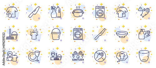 Outline set of Dry t-shirt, Dish plate and Dish line icons for web app. Include Bucket with mop, Use gloves, Dont touch pictogram icons. Dryer machine, Table knife, Wash hands signs. Shampoo. Vector