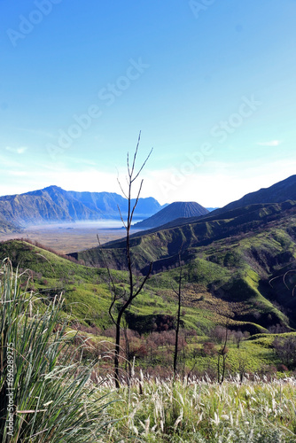 Beautiful view of Jemplang valley, located in the southern part of Mount Bromo in East Java, Indonesia. Landscape image with a geological theme. photo