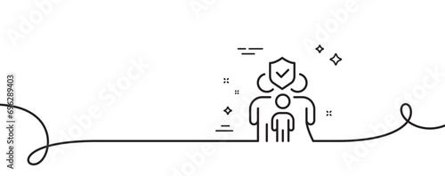 Family insurance line icon. Continuous one line with curl. Health coverage sign. Life protection policy symbol. Family insurance single outline ribbon. Loop curve pattern. Vector