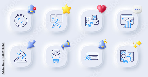 Wallet, Loan percent and Payment method line icons. Buttons with 3d bell, chat speech, cursor. Pack of Credit card, Vip shopping, Auction hammer icon. Change money, Bankrupt pictogram. Vector