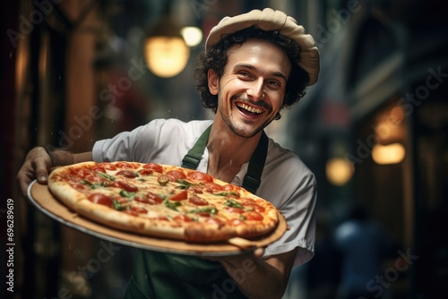 Pizza delivery man ready to pizza boxes to customer. Food delivery service  pizza for young man at home Ai generated