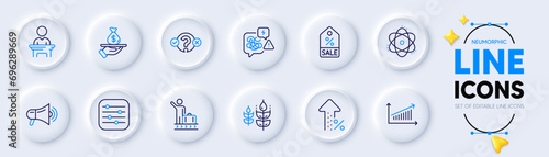 Atom, Loan and Filter line icons for web app. Pack of Quiz test, Gluten free, Election candidate pictogram icons. Luggage belt, Increasing percent, Chart signs. Sale coupon, Megaphone, Stress. Vector