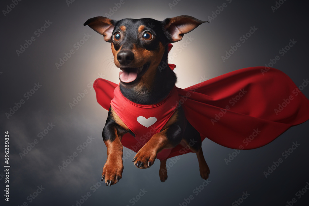 Portrait of a superhero dog wearing a red cape, jumping like a superhero