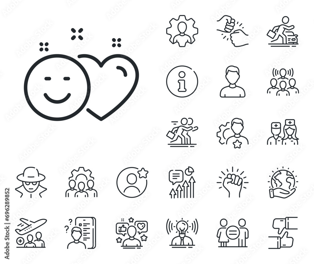 Heart, smile sign. Specialist, doctor and job competition outline icons. Social media like line icon. Positive feedback symbol. Smile line sign. Avatar placeholder, spy headshot icon. Vector