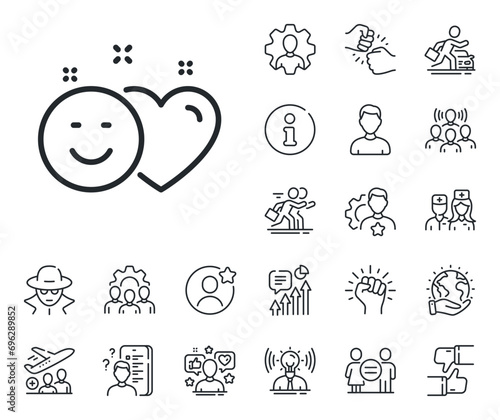 Heart  smile sign. Specialist  doctor and job competition outline icons. Social media like line icon. Positive feedback symbol. Smile line sign. Avatar placeholder  spy headshot icon. Vector