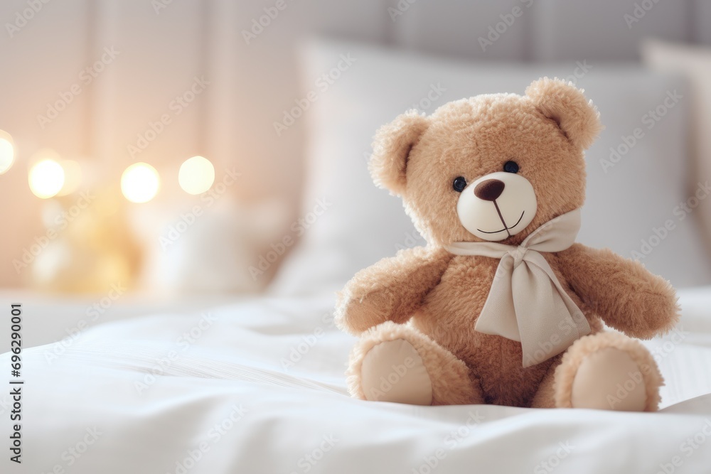 Teddy bear on bed, teddy bear on bed with pillows and lighting background Ai generated