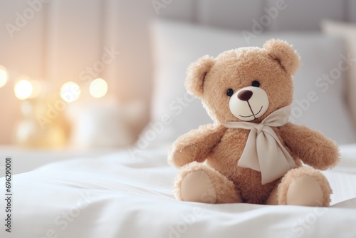 Teddy bear on bed, teddy bear on bed with pillows and lighting background Ai generated