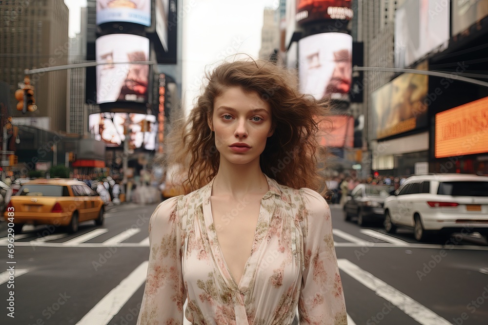 A model wearing a Claus Rose style low walking the streets of New York Generative AI