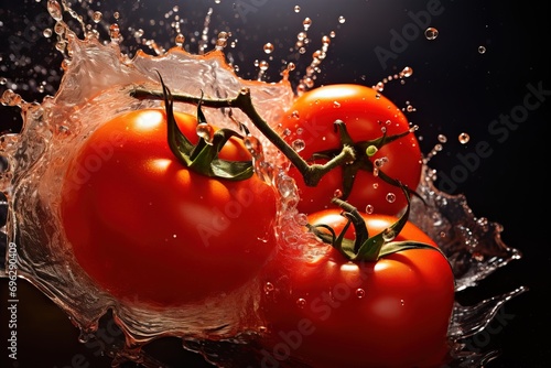 Fresh tomatoes in a vibrant water splash, emphasizing healthy eating Generative AI