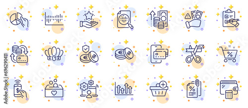 Outline set of Pie chart, Inflation and Analytics chart line icons for web app. Include Money change, Column diagram, Savings pictogram icons. Upper arrows, Online job, Fraud signs. Vector
