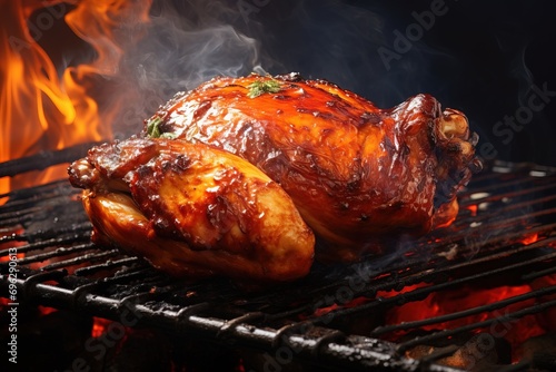 close up coal fire grilled chicken and smoke on a black background Generative AI
