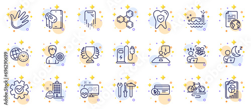 Outline set of Time management, Support and Internet document line icons for web app. Include Dental insurance, Cyber attack, Spanner tool pictogram icons. Difficult stress, Winner, Bike signs. Vector photo