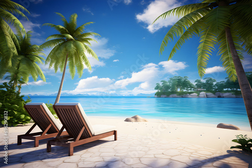 Zwei Liegestühle an einem exotischen Sandstrand mit Palmen, Urlaub und Reisen, erstellt mit generativer KI
