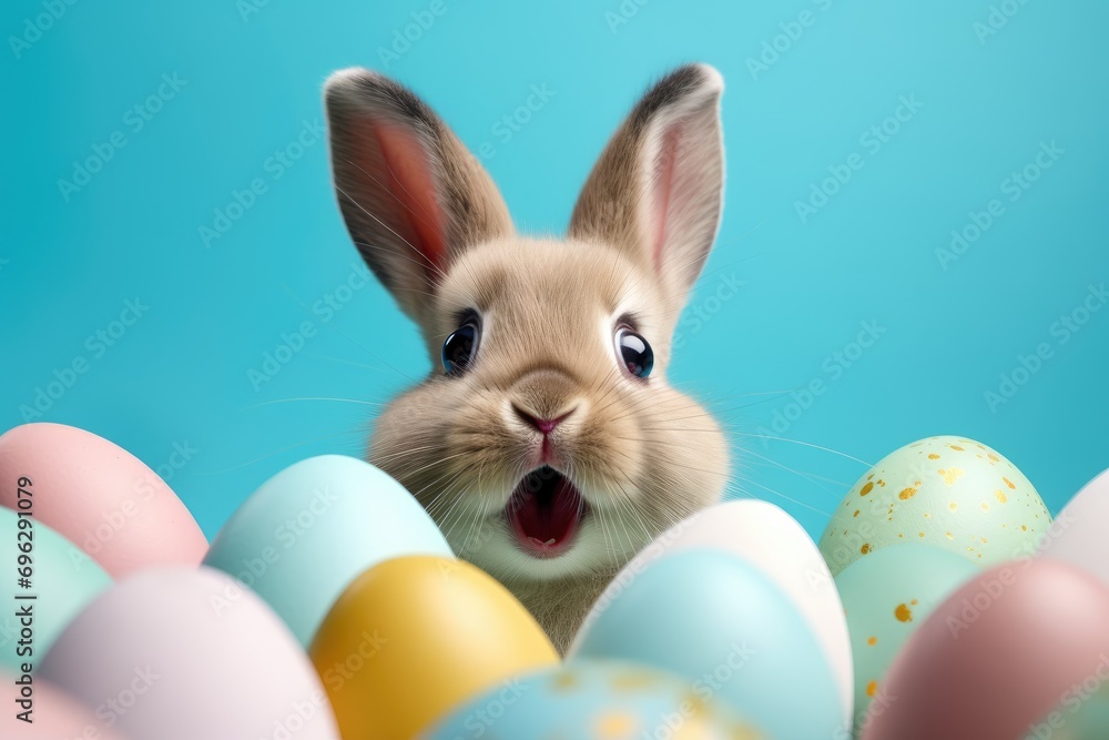 Adorable Easter Bunny With Easter Eggs, colorful Easter eggs, banner and wallpaper, AI Generative - obrazy, fototapety, plakaty 