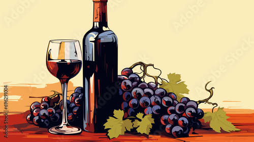 copy space, vector illustration, bottle and glass of wine with grapes, National Wine Day greeting card, grapes fruit with a glass of wine and a bottle. Glass filles with wine, some grapes and a winebo