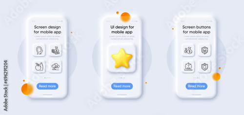 Apple, Psychology and Coins bags line icons pack. 3d phone mockups with star. Glass smartphone screen. Quiz, Smartphone protection, Co2 gas web icon. Money, Cyber attack pictogram. Vector